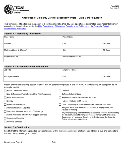 Form 7265 Attestation of Child Day Care for Essential Workers - Child Care Regulation - Texas