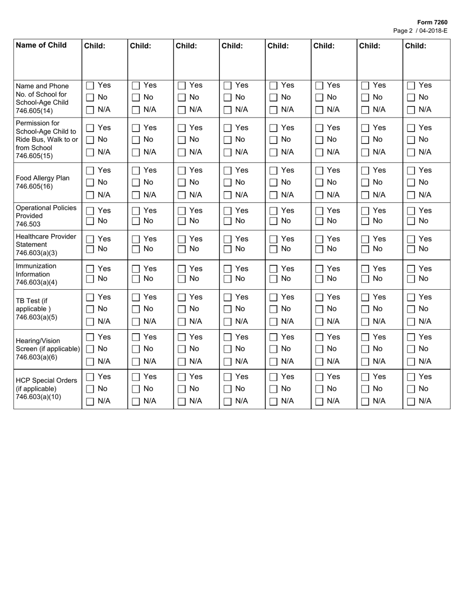 Form 7260 Childrens Records Evaluation  Child Care Centers - Texas, Page 2