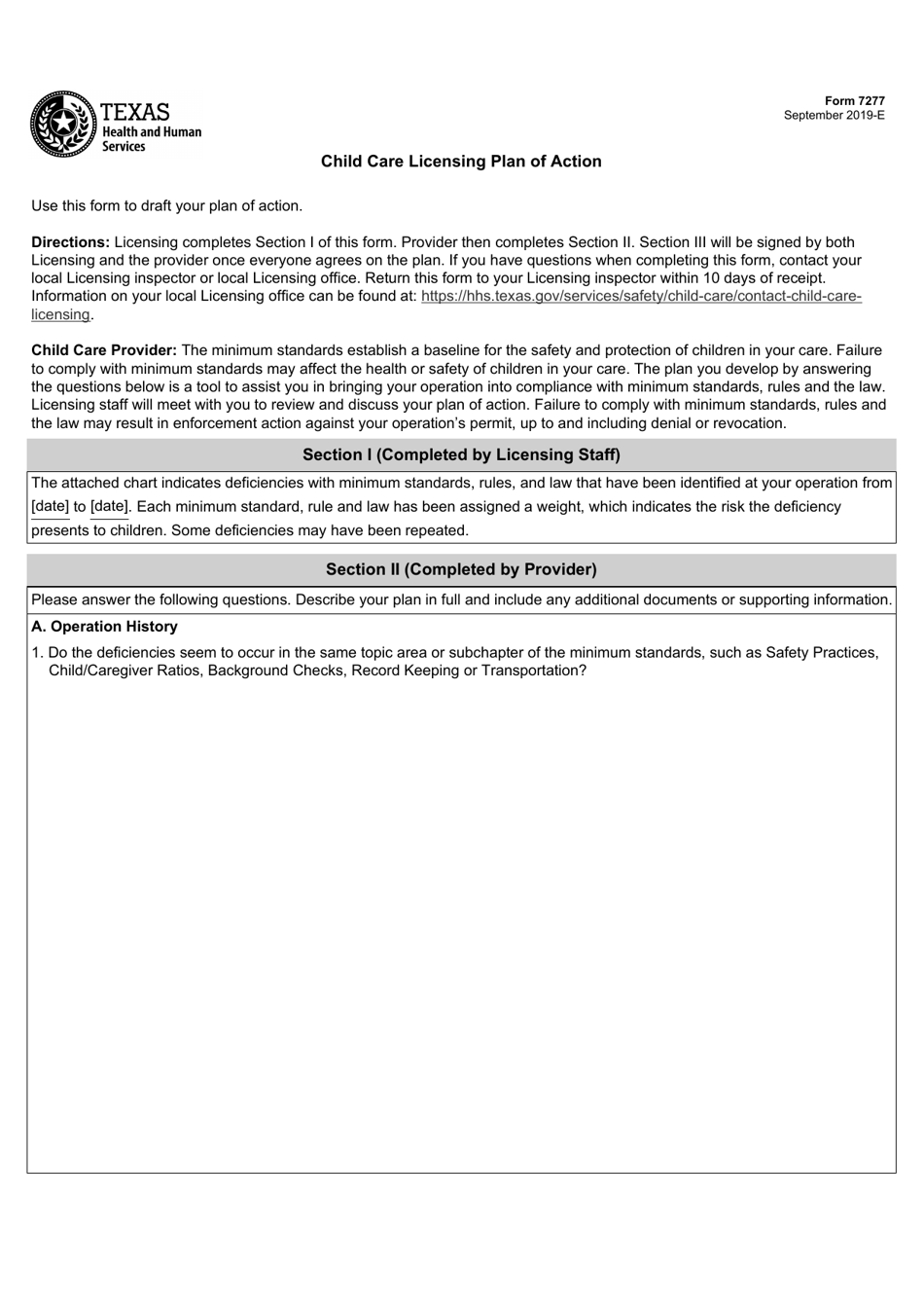 Form 7277 Child Care Licensing Plan of Action - Texas, Page 1
