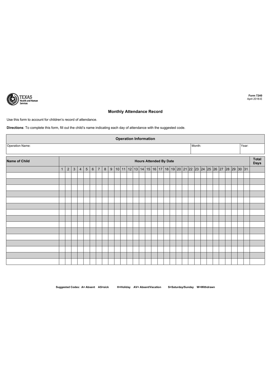 Form 7240 Monthly Attendance Record - Texas, Page 1