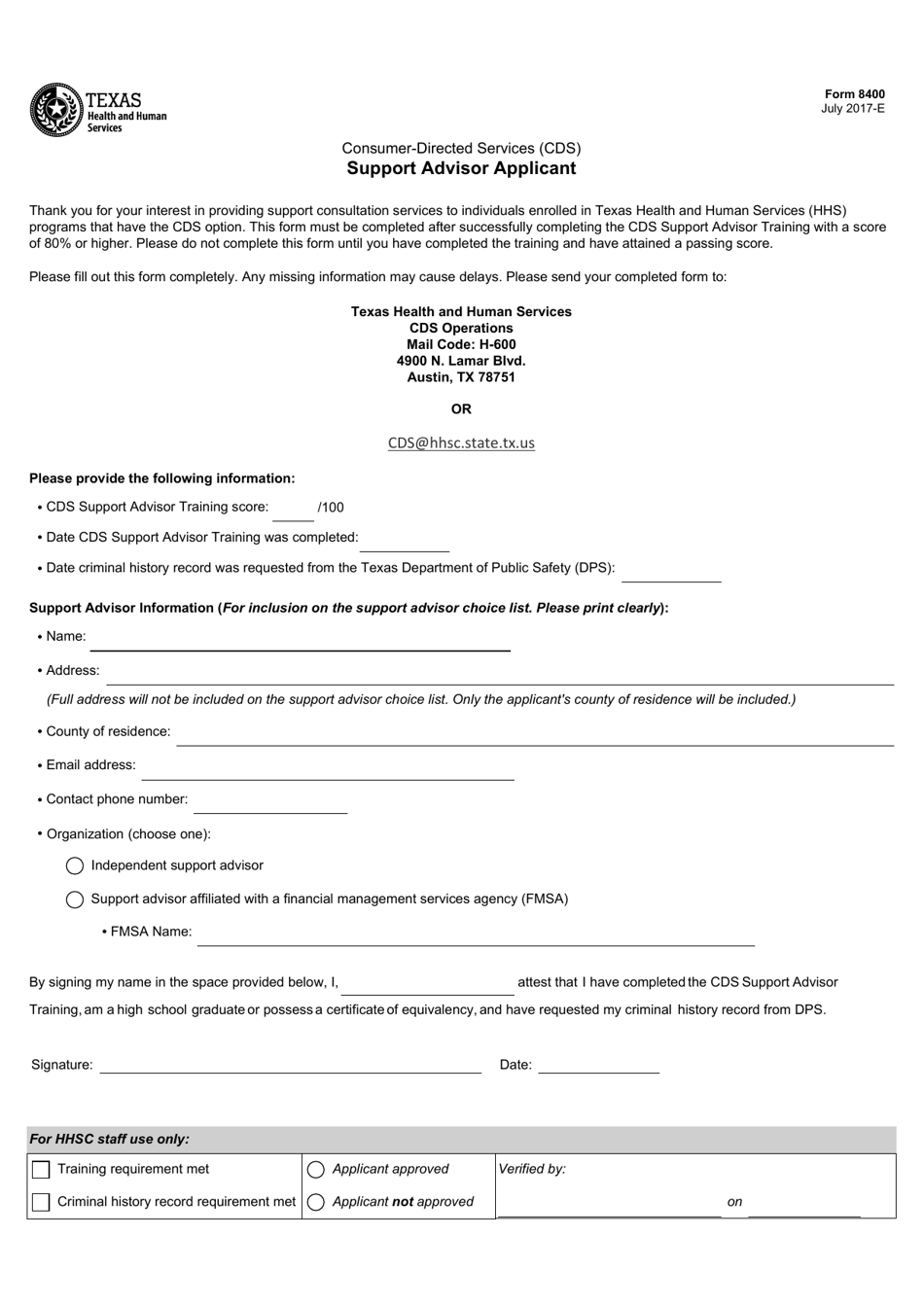 Form 8400 Consumer-Directed Services (Cds) Support Advisor Applicant - Texas, Page 1