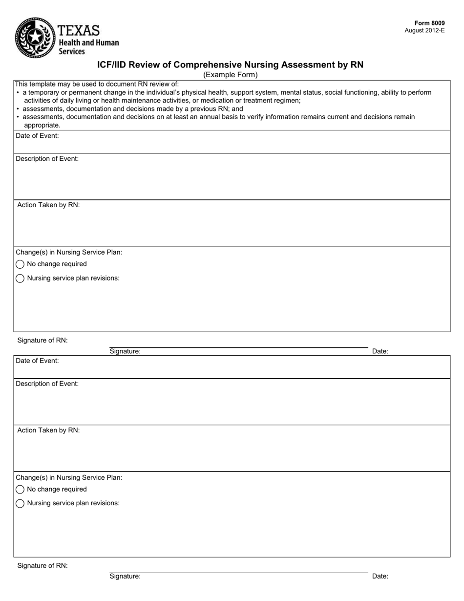 Form 8009 Icf / Iid Review of Comprehensive Nursing Assessment by Rn (Example Form) - Texas, Page 1