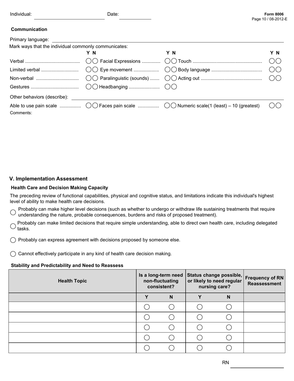 Form 8006 Icf / Iid Comprehensive Nursing Assessment (Example Form) - Texas, Page 10