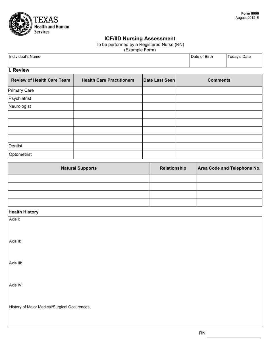 Form 8006 Icf / Iid Comprehensive Nursing Assessment (Example Form) - Texas, Page 1