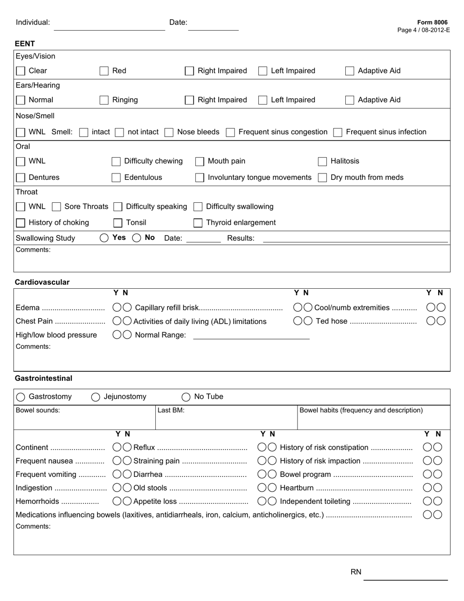 Form 8006 Icf / Iid Comprehensive Nursing Assessment (Example Form) - Texas, Page 4