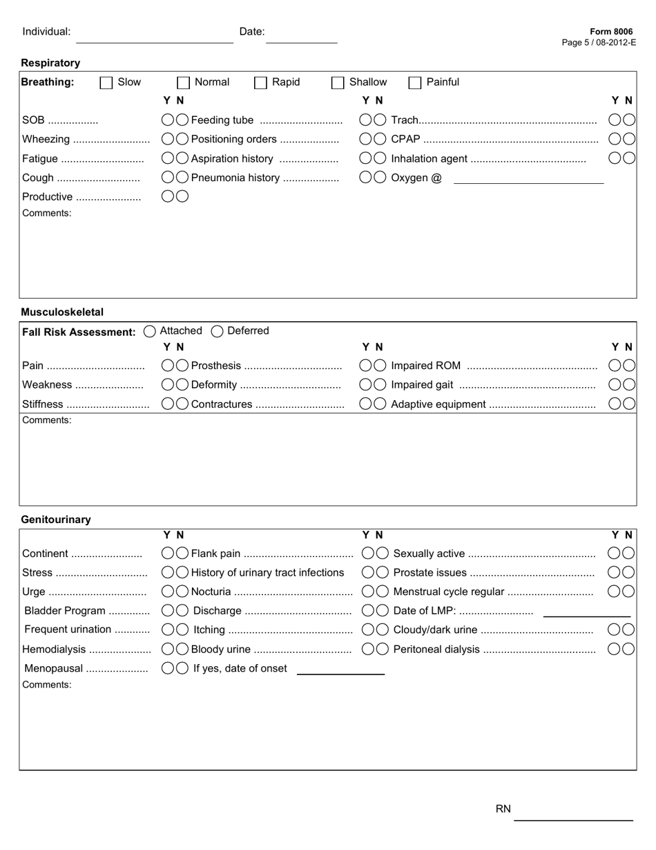 Form 8006 Icf / Iid Comprehensive Nursing Assessment (Example Form) - Texas, Page 5