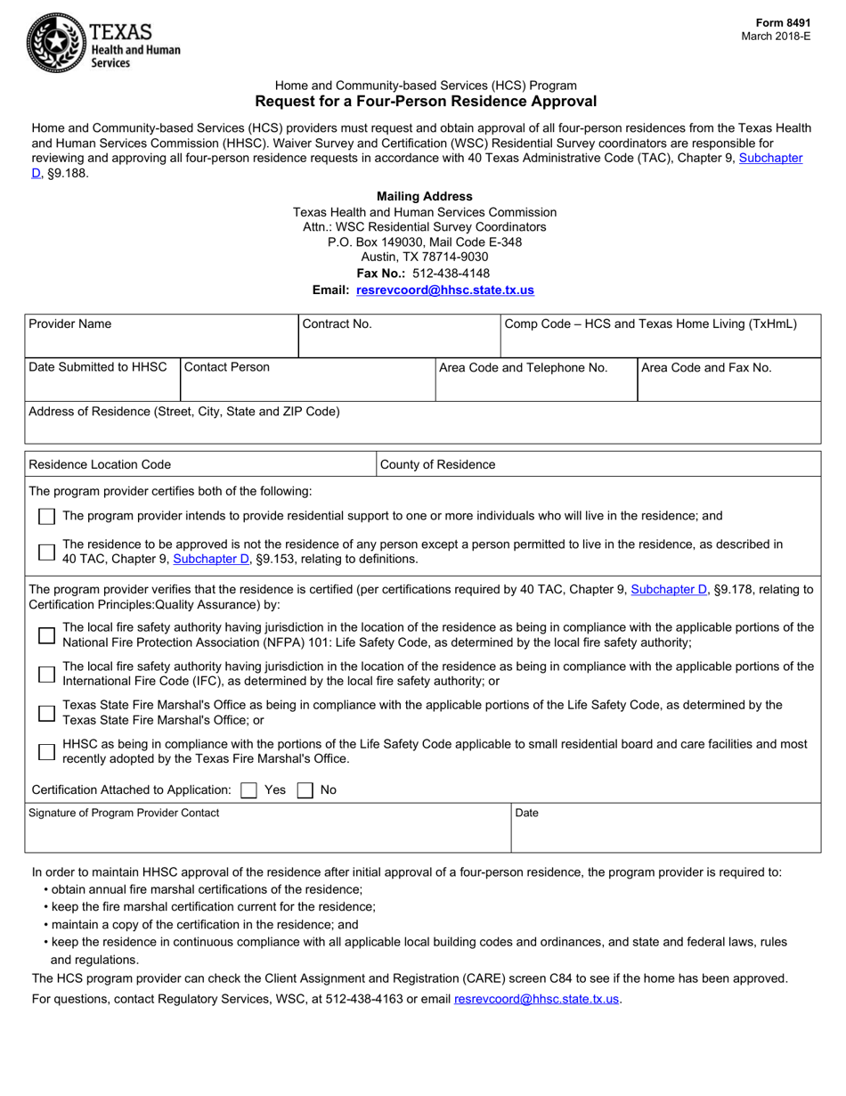 Form 8491 Request for a Four-Person Residence Approval - Texas, Page 1