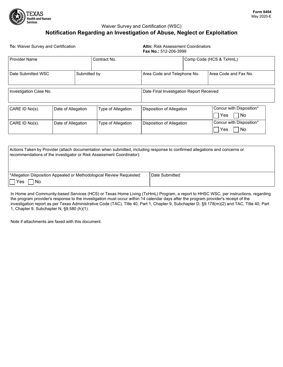 Form 8494 Notification Regarding an Investigation of Abuse, Neglect or Exploitation - Texas, Page 1