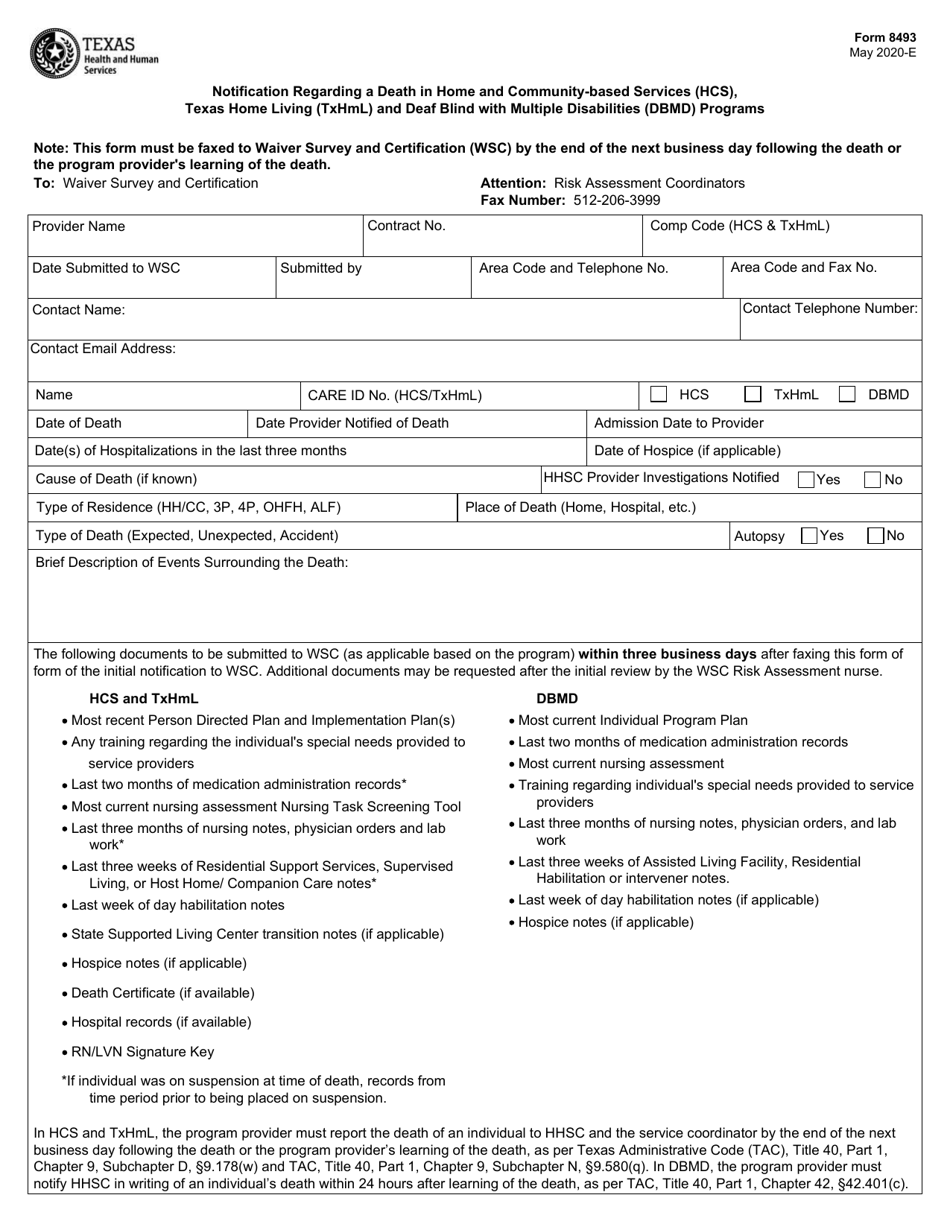 Form 8493 Notification Regarding a Death in Home and Community-Based Services (Hcs), Texas Home Living (Txhml) and Deaf Blind With Multiple Disabilities (Dbmd) Programs - Texas, Page 1