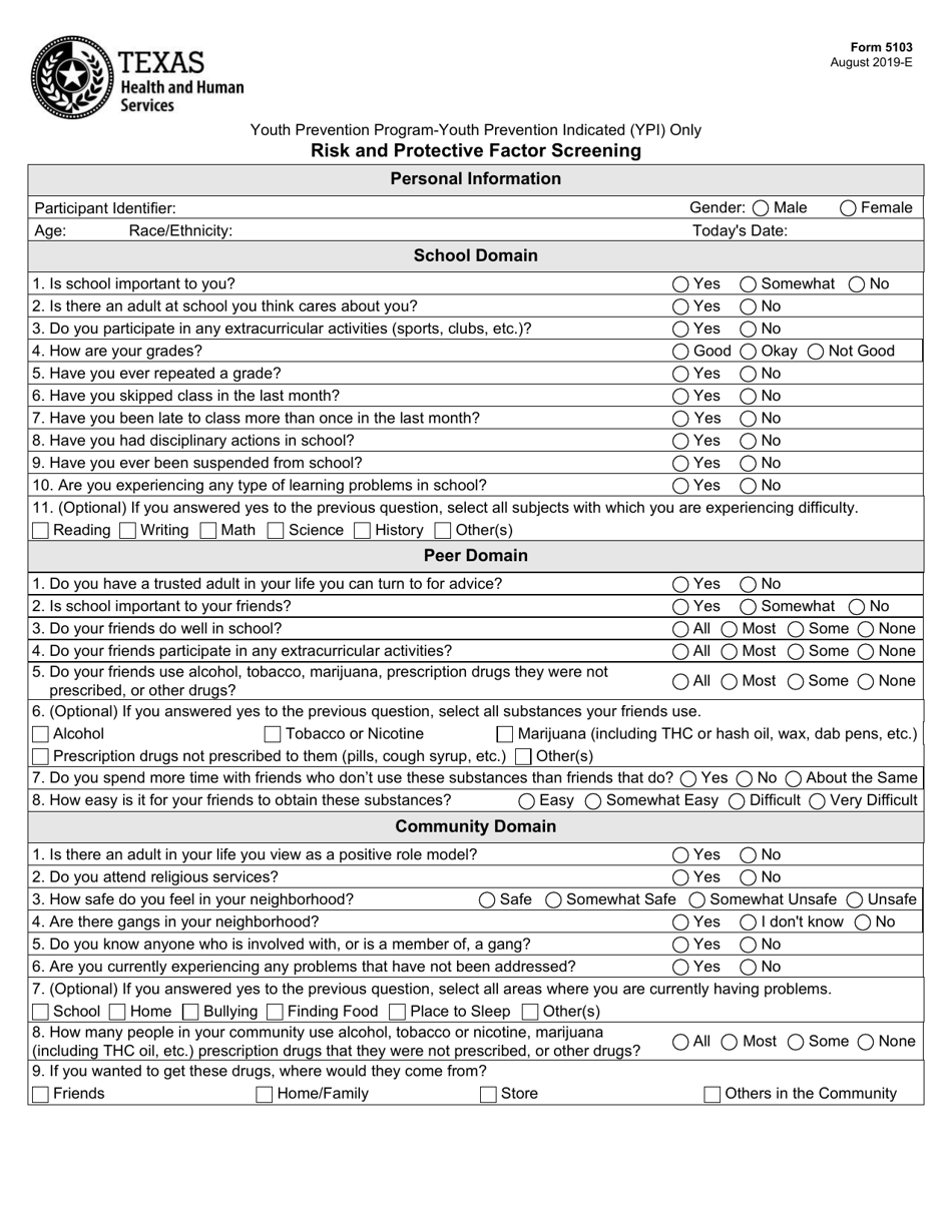 Form 5103 Risk and Protective Factor Screening - Texas, Page 1