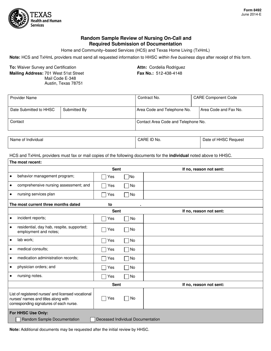 Form 8492 Random Sample Review of Nursing on-Call and Required Submission of Documentation - Texas, Page 1