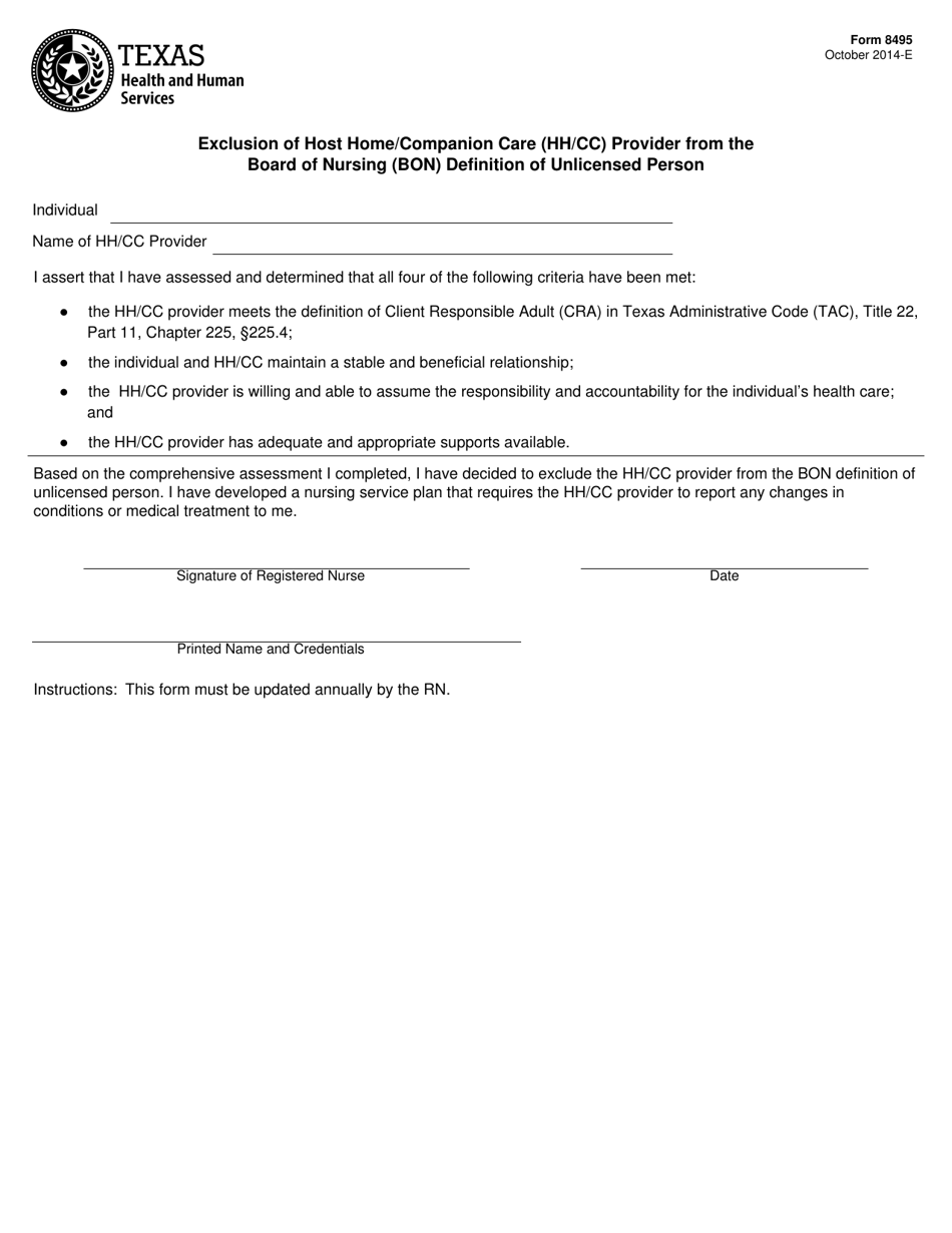 Form 8495 Download Fillable Pdf Or Fill Online Exclusion Of Host Home Companion Care Hh Cc Provider From The Board Of Nursing Bon Definition Of Unlicensed Person Texas Templateroller