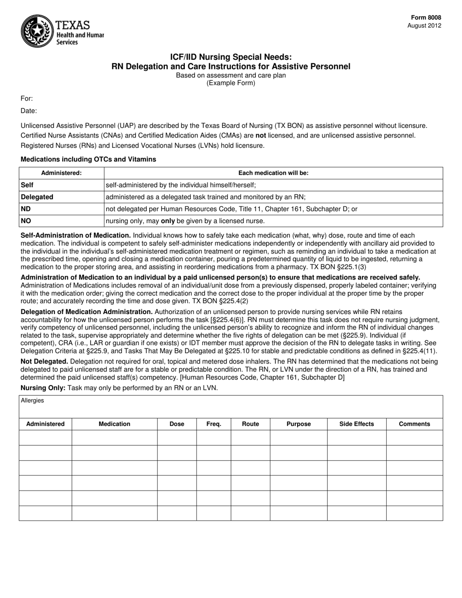 Form 8008 Icf / Iid Nursing Special Needs: Rn Delegation and Care Instructions for Assistive Personnel - Texas, Page 1