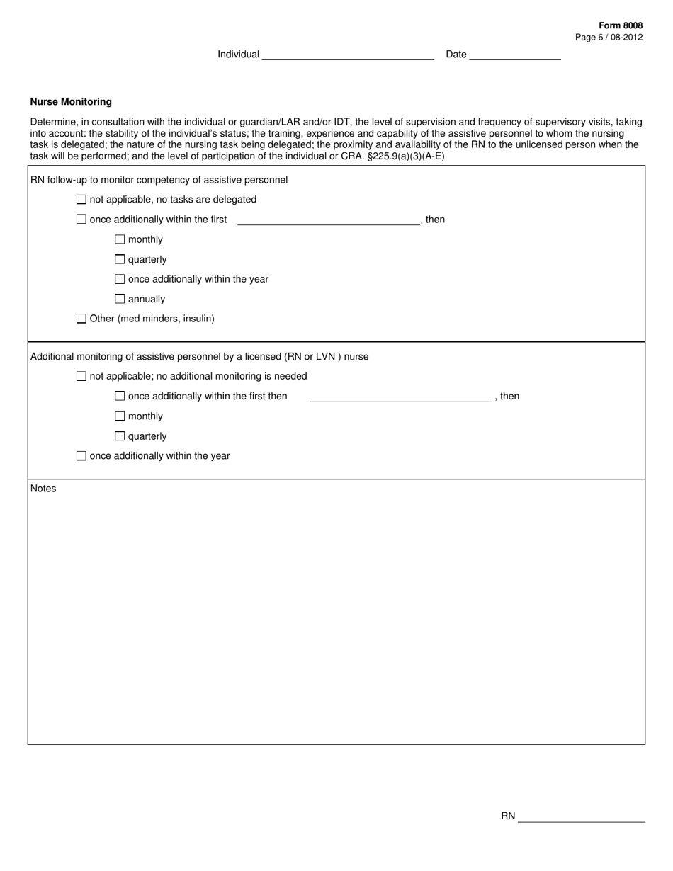 Form 8008 Icf / Iid Nursing Special Needs: Rn Delegation and Care Instructions for Assistive Personnel - Texas, Page 6