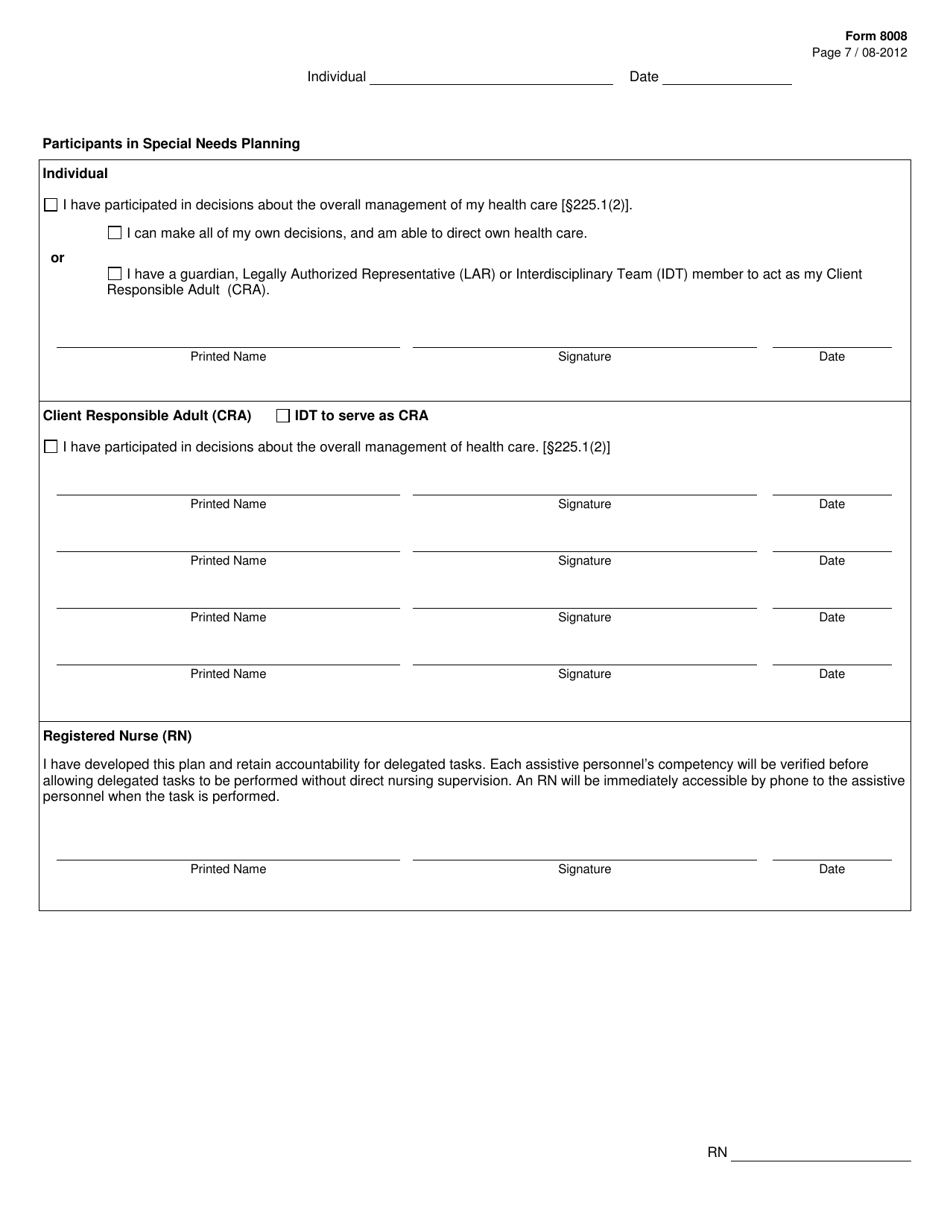 Form 8008 Icf / Iid Nursing Special Needs: Rn Delegation and Care Instructions for Assistive Personnel - Texas, Page 7
