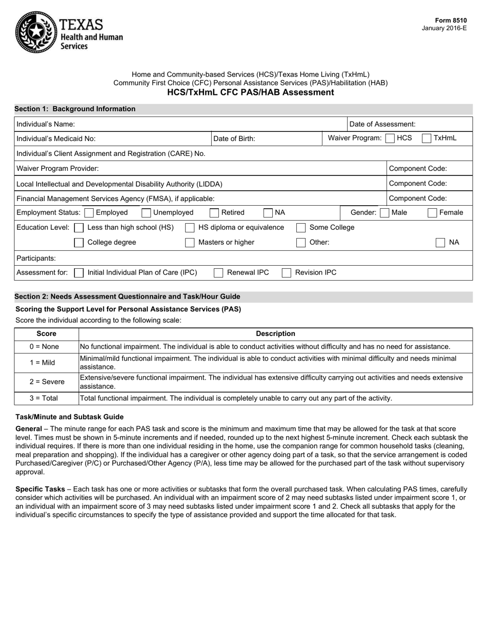 Form 8510 Hcs / Txhml Cfc Pas / Hab Assessment - Texas, Page 1