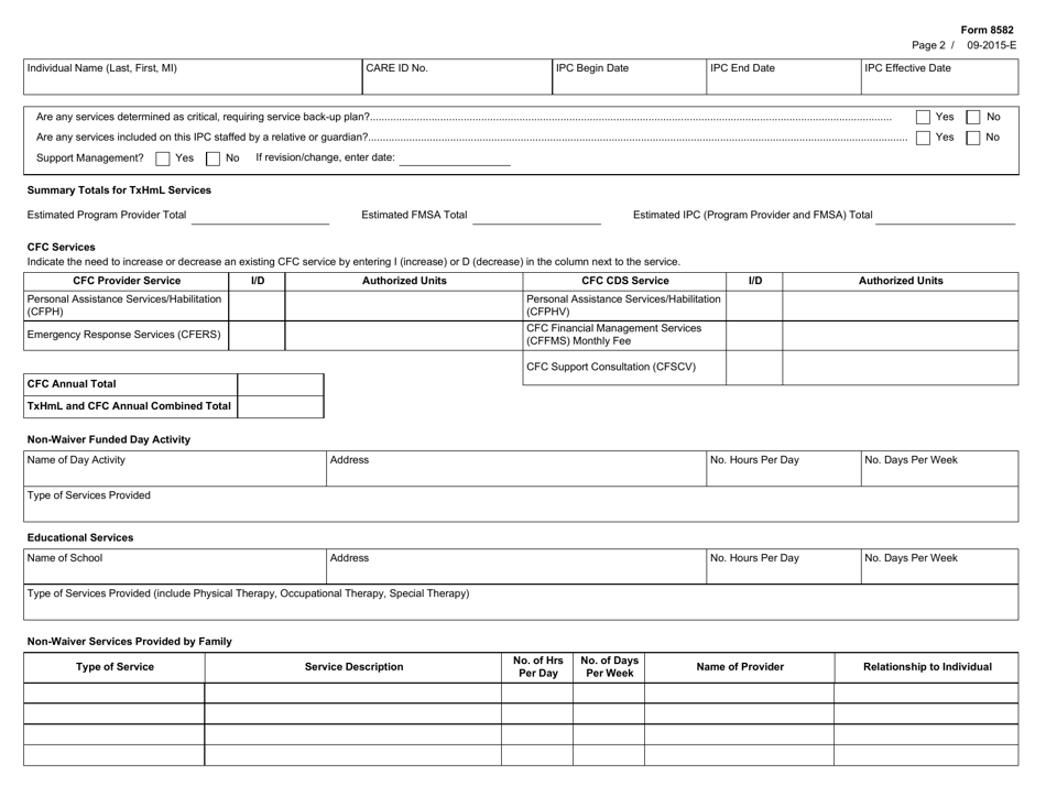 Form 8582 Individual Plan of Care  Txhml / Cfc - Texas, Page 2