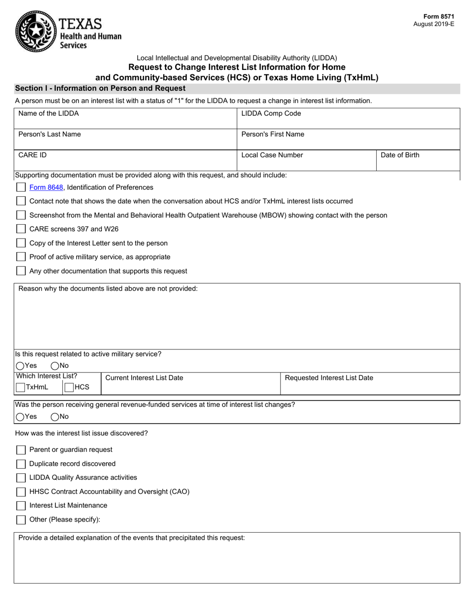 Form 8571 Request to Change Interest List Information for Home and Community-Based Services (Hcs) or Texas Home Living (Txhml) - Texas, Page 1