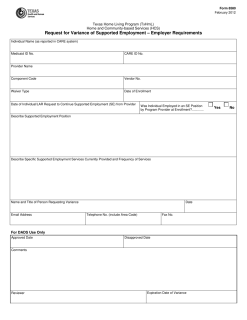 Form 8580 Request for Variance of Supported Employment " Employer Requirements - Texas