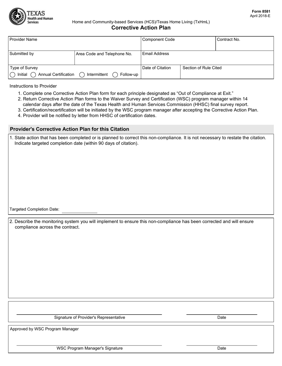 Form 8581 Corrective Action Plan - Texas, Page 1