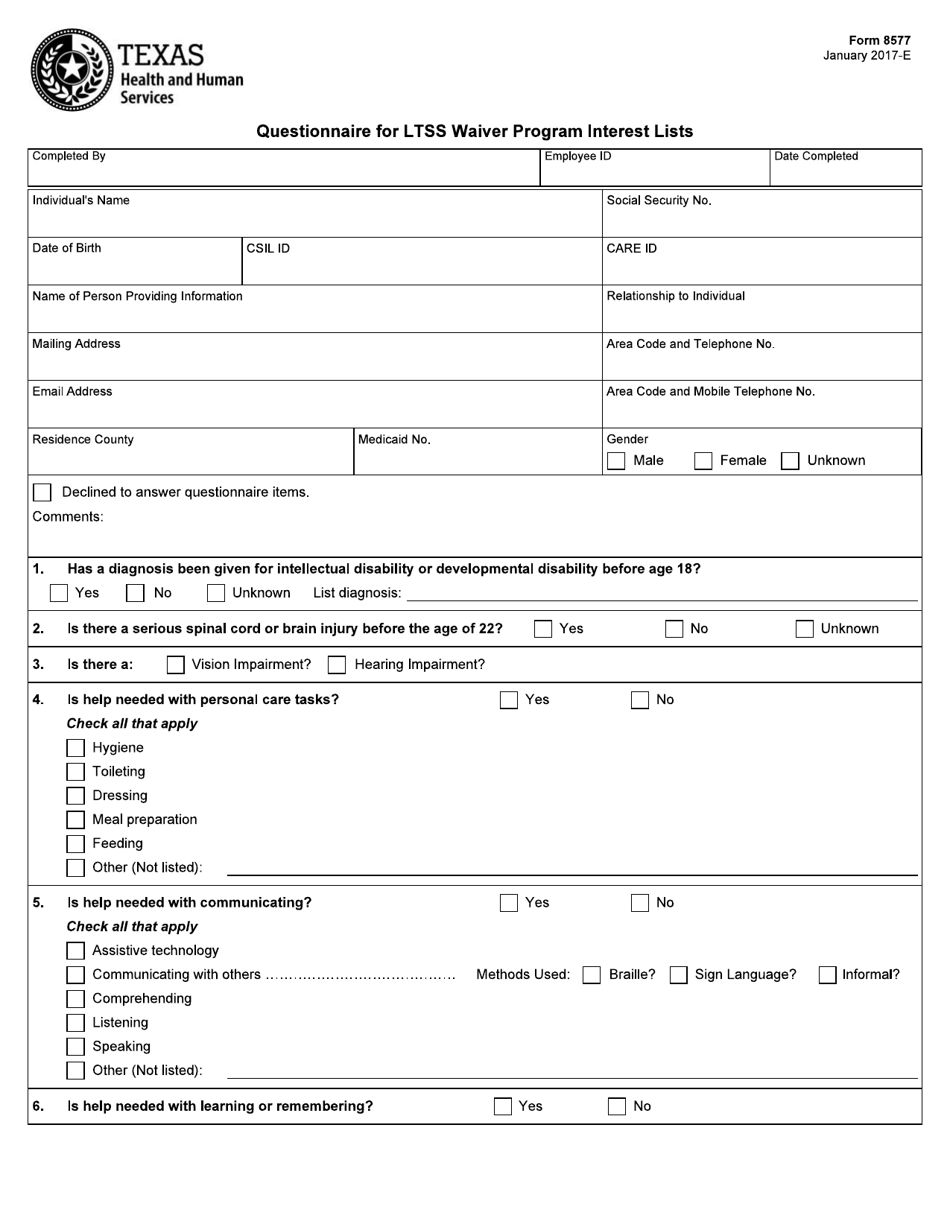 Form 8577 Questionnaire for Ltss Waiver Program Interest Lists - Texas, Page 1