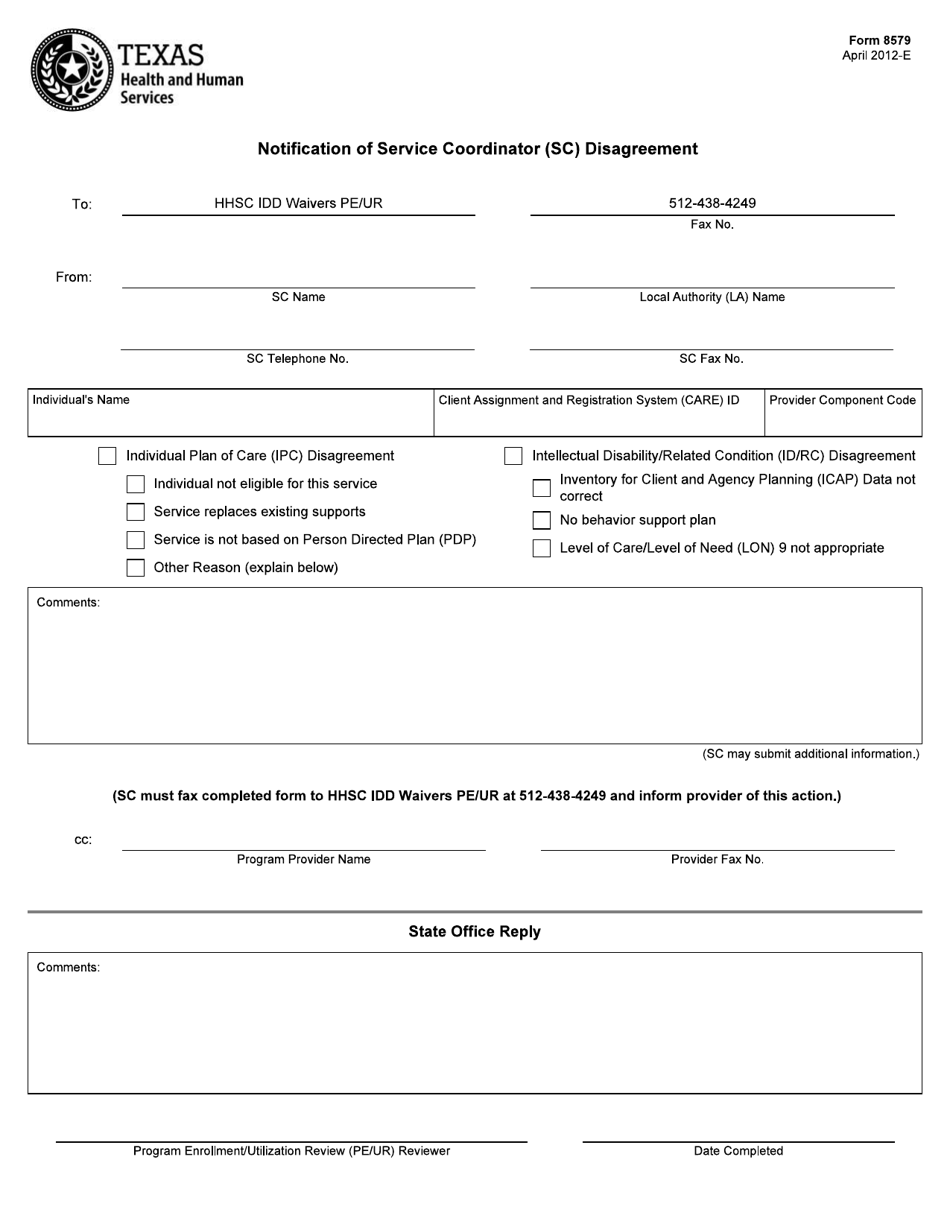 Form 8579 Notification of Service Coordinator (Sc) Disagreement - Texas, Page 1