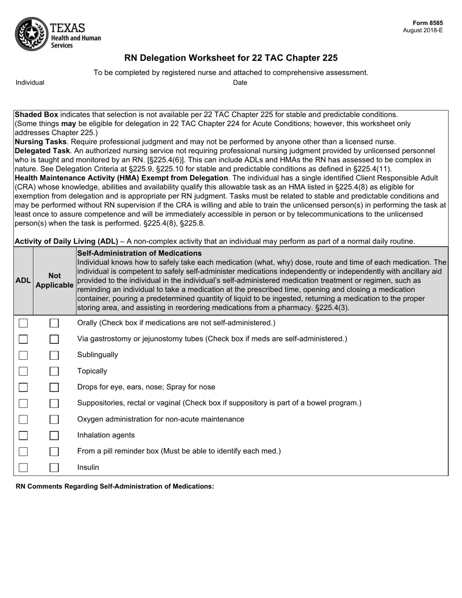 Form 8585 Rn Delegation Worksheet for 22 Tac Chapter 225 - Texas, Page 1