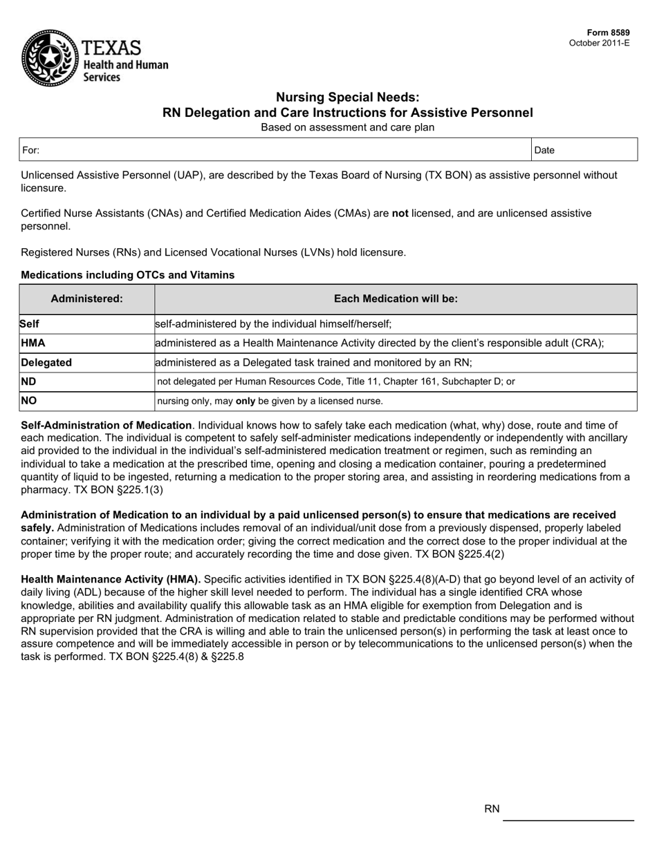 Form 8589 Nursing Special Needs: Rn Delegation and Care Instructions for Assistive Personnel - Texas, Page 1