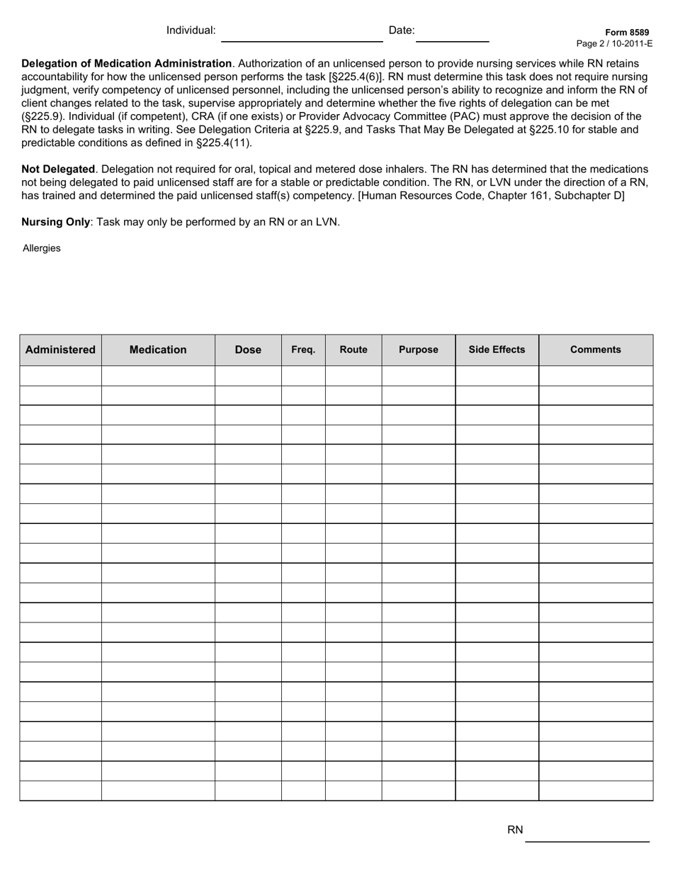 Form 8589 Nursing Special Needs: Rn Delegation and Care Instructions for Assistive Personnel - Texas, Page 2