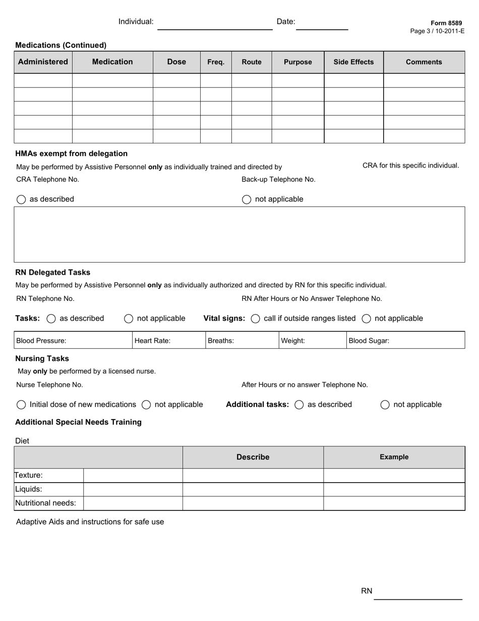 Form 8589 Nursing Special Needs: Rn Delegation and Care Instructions for Assistive Personnel - Texas, Page 3