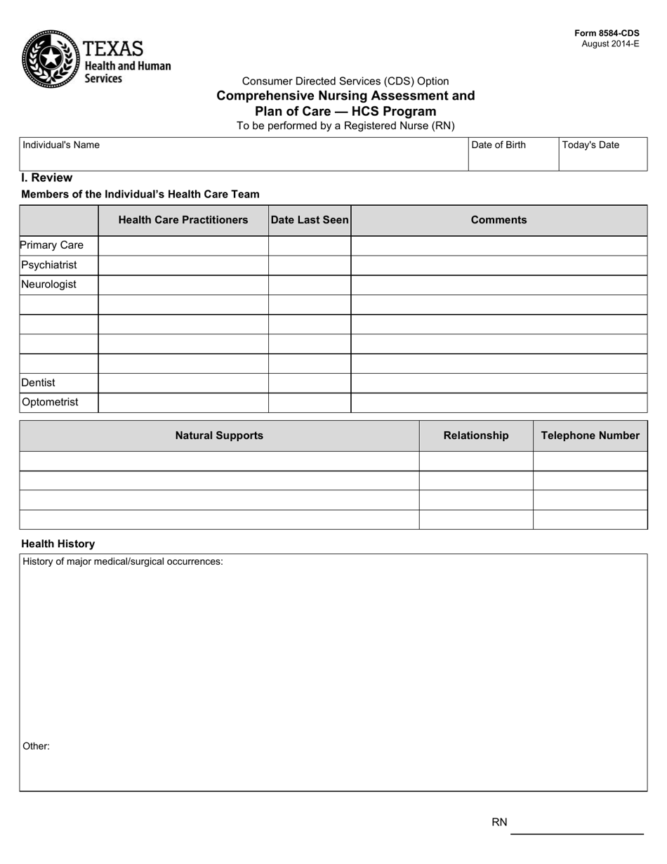 Form 8584-CDS Comprehensive Nursing Assessment and Plan of Care - Hcs Program - Texas, Page 1