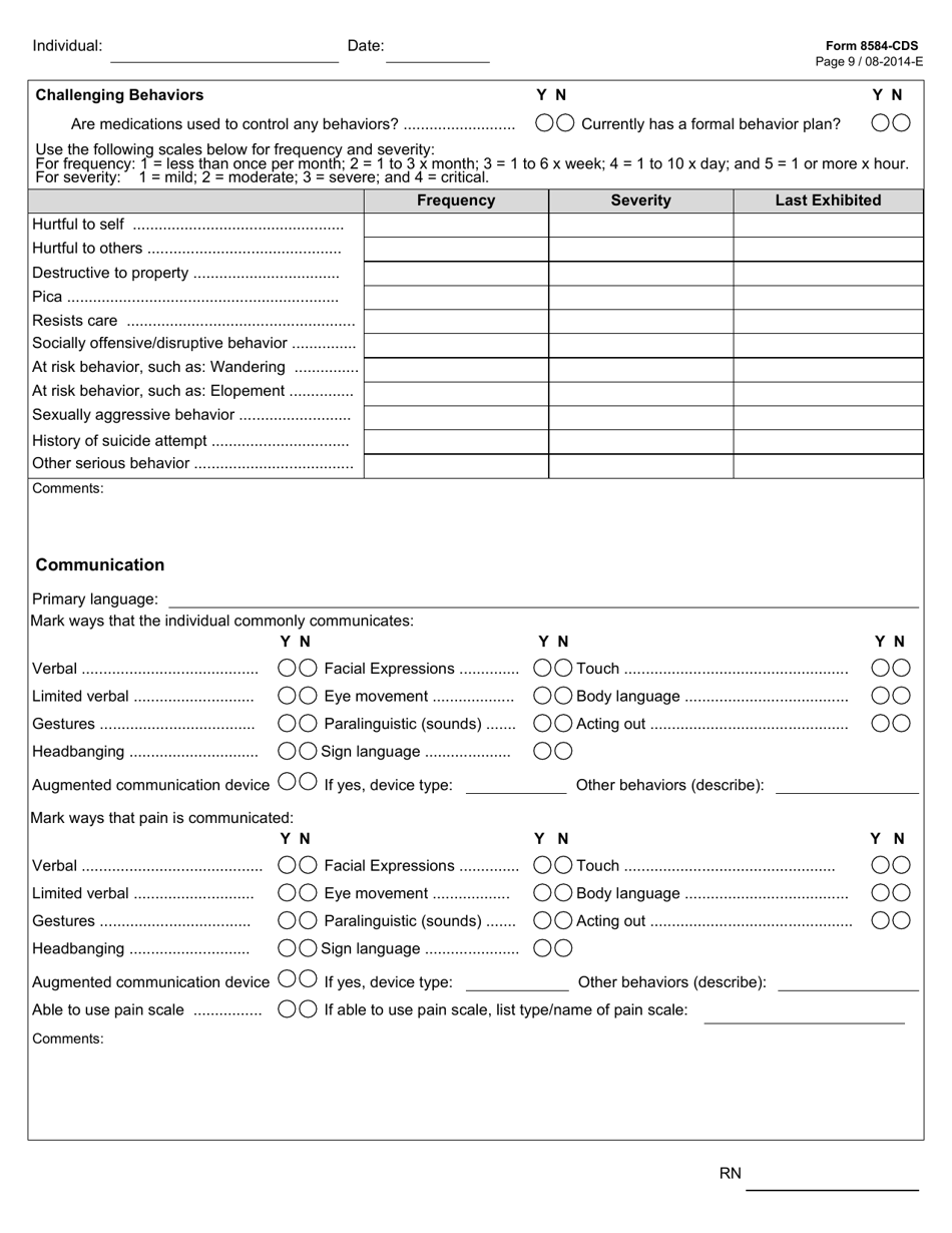 Form 8584-CDS Comprehensive Nursing Assessment and Plan of Care - Hcs Program - Texas, Page 9