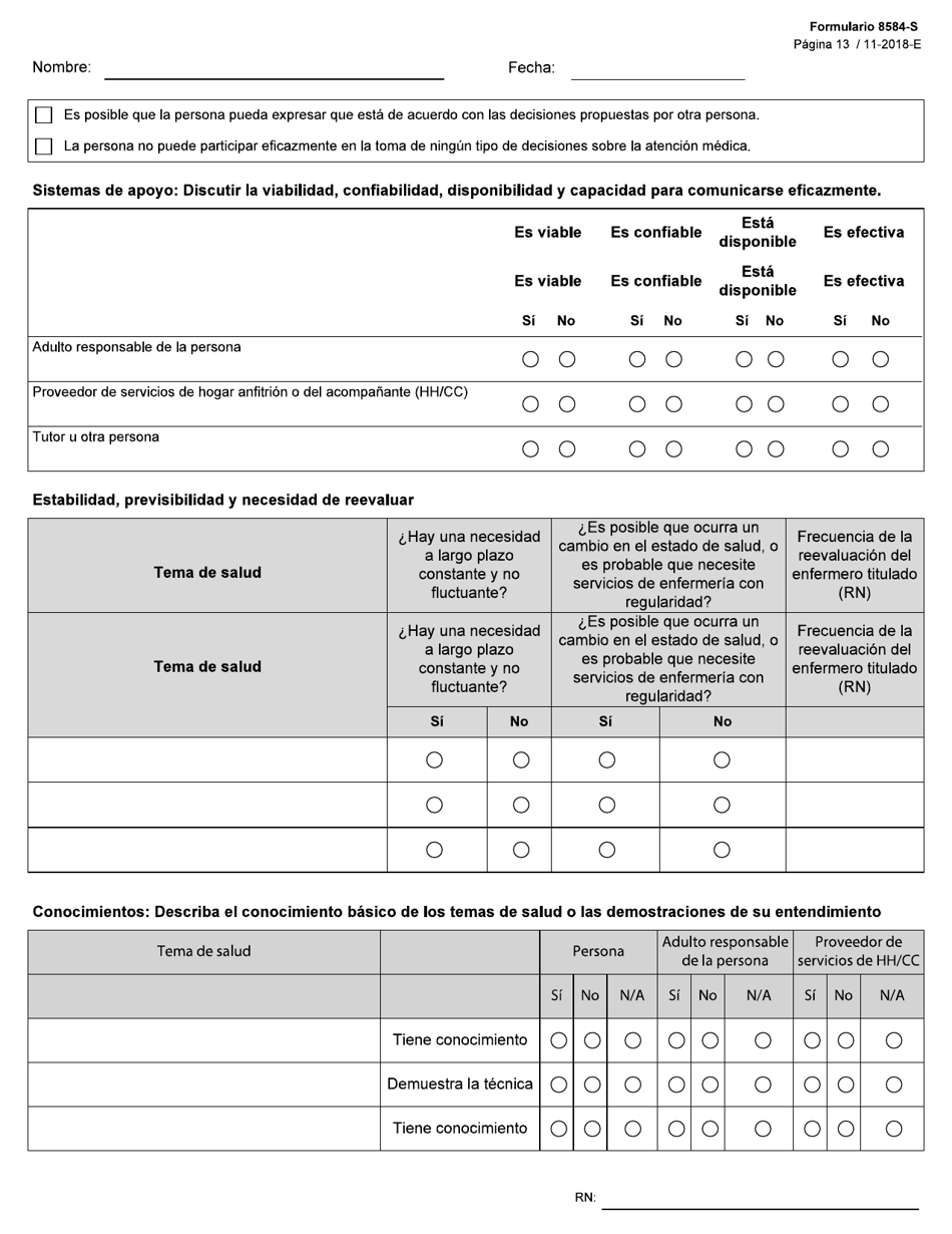 Formulario 8584-S Valoracion Integral De Enfermeria - Texas (Spanish), Page 13