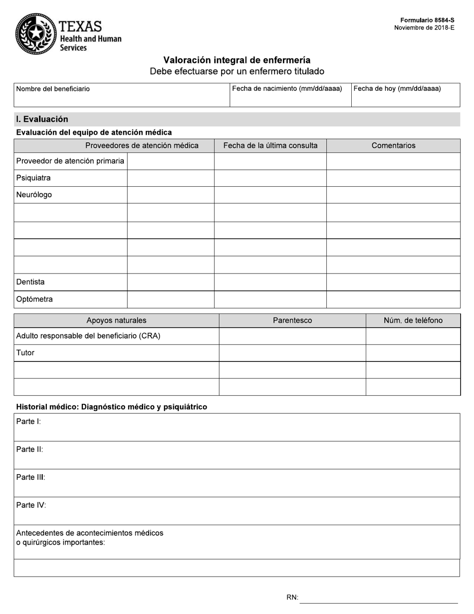 Formulario 8584-S Valoracion Integral De Enfermeria - Texas (Spanish), Page 1