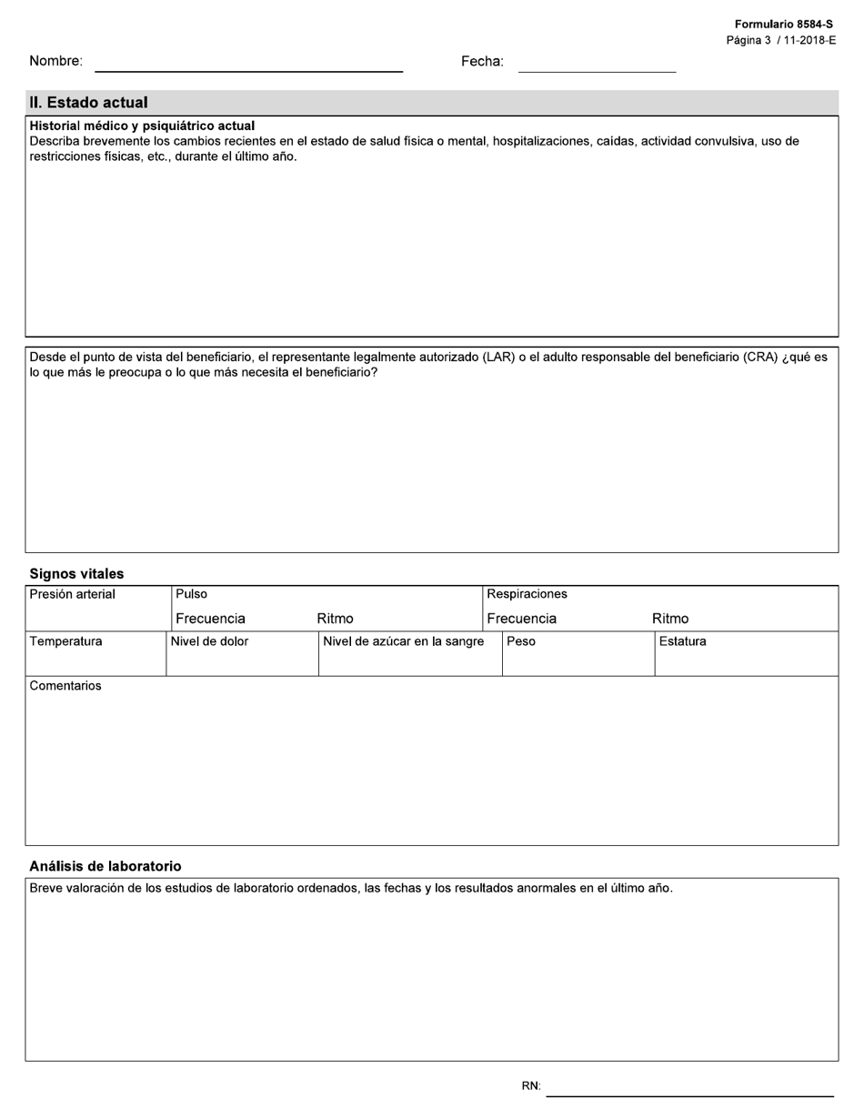 Formulario 8584-S Valoracion Integral De Enfermeria - Texas (Spanish), Page 3