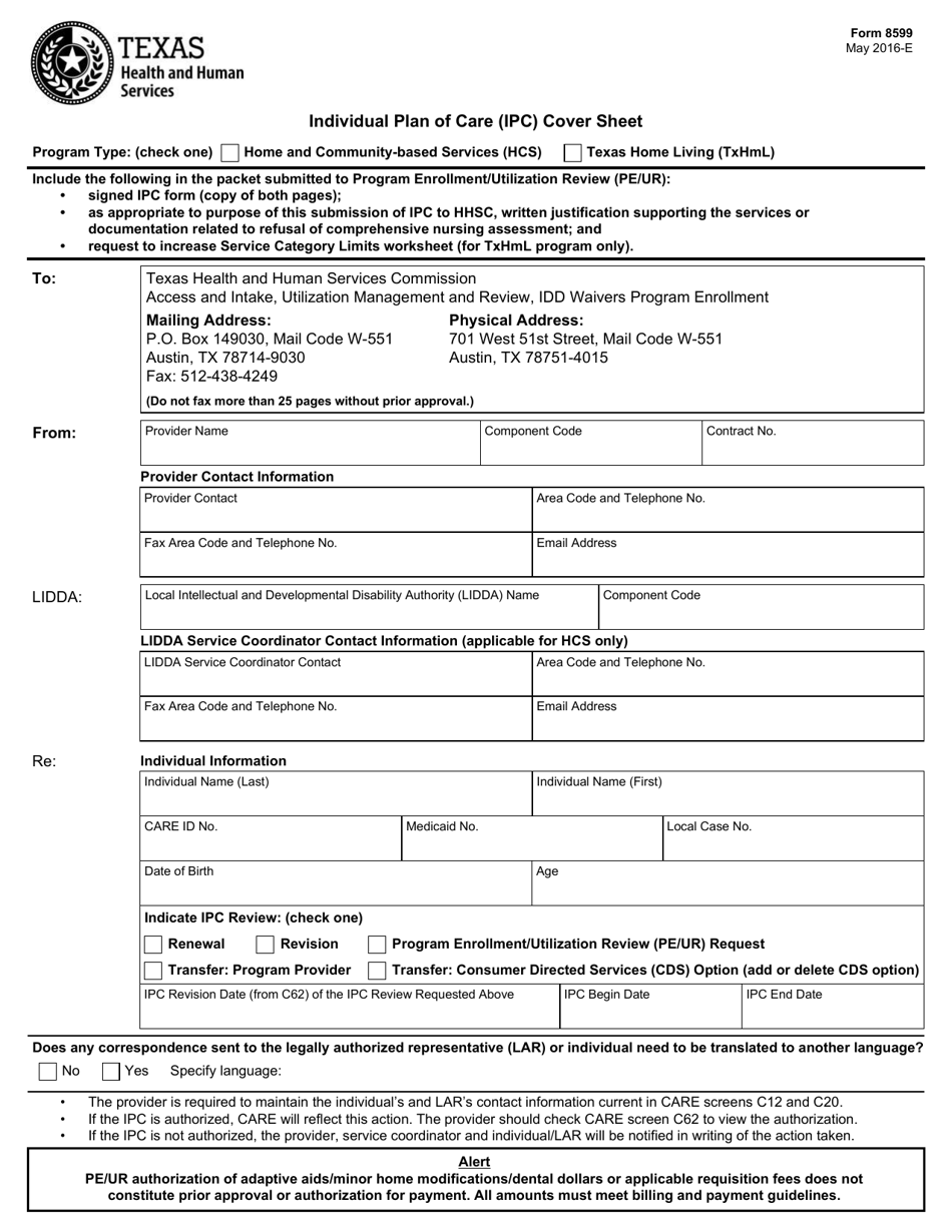 Form 8599 Individual Plan of Care (Ipc) Cover Sheet - Texas, Page 1