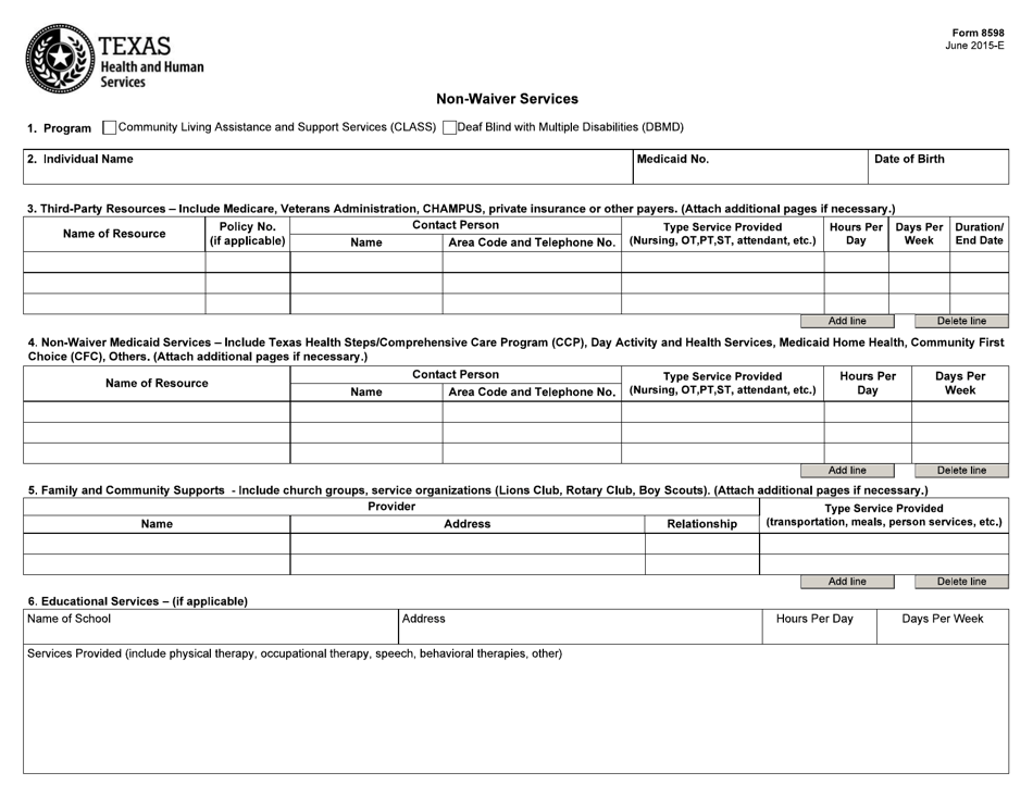 Form 8598 Non-waiver Services - Texas, Page 1