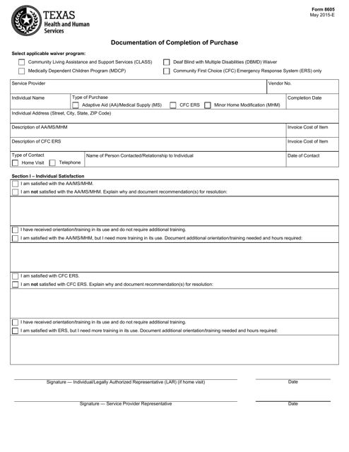 Form 8605 Documentation of Completion of Purchase - Texas