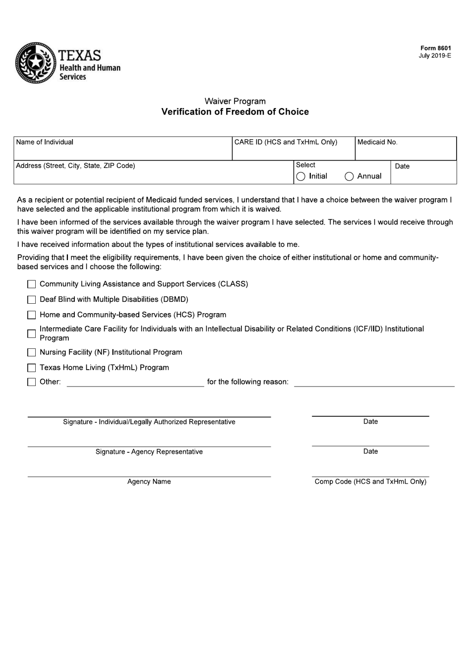 Form 8601 Verification of Freedom of Choice - Texas, Page 1