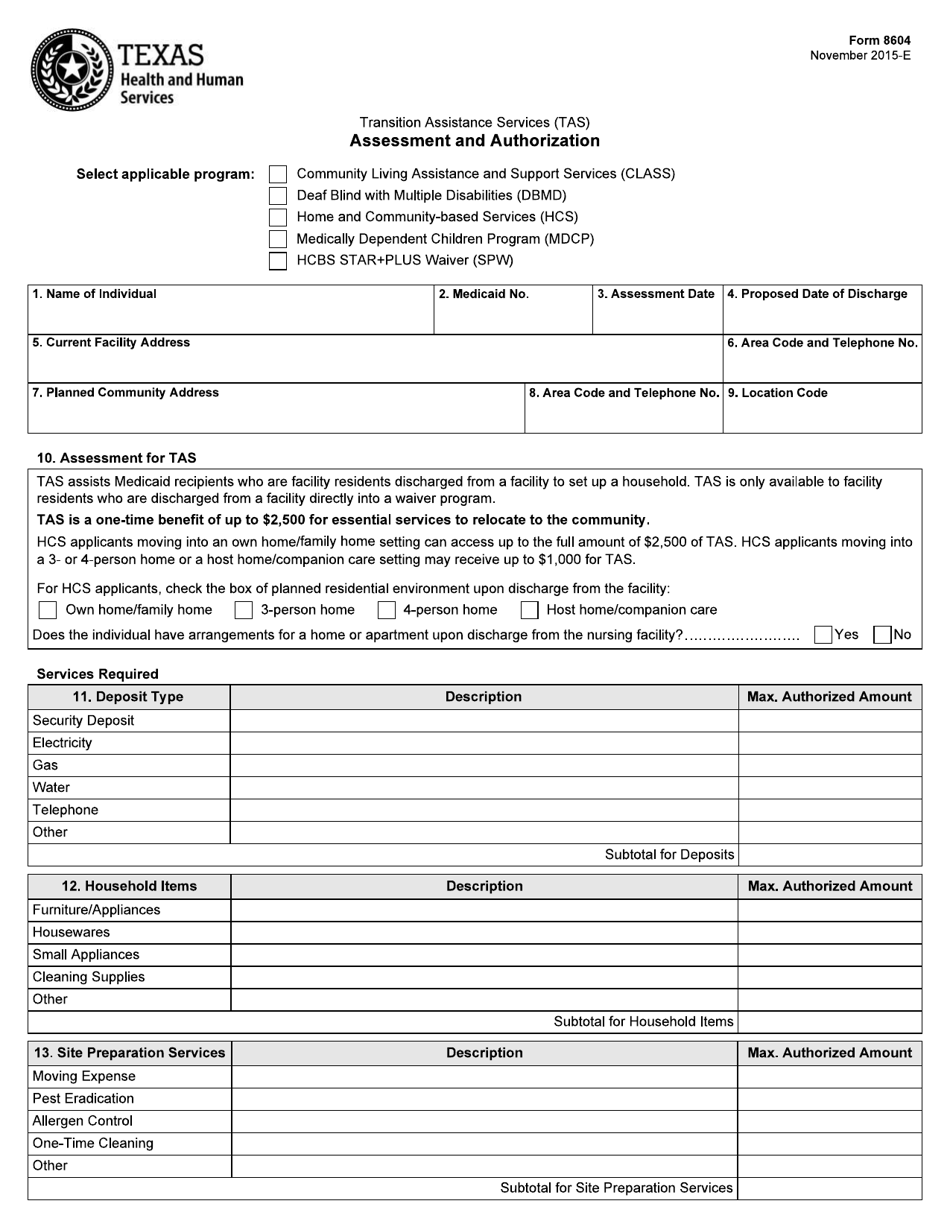 Form 8604 Transition Assistance Services (Tas) Assessment and Authorization - Texas, Page 1