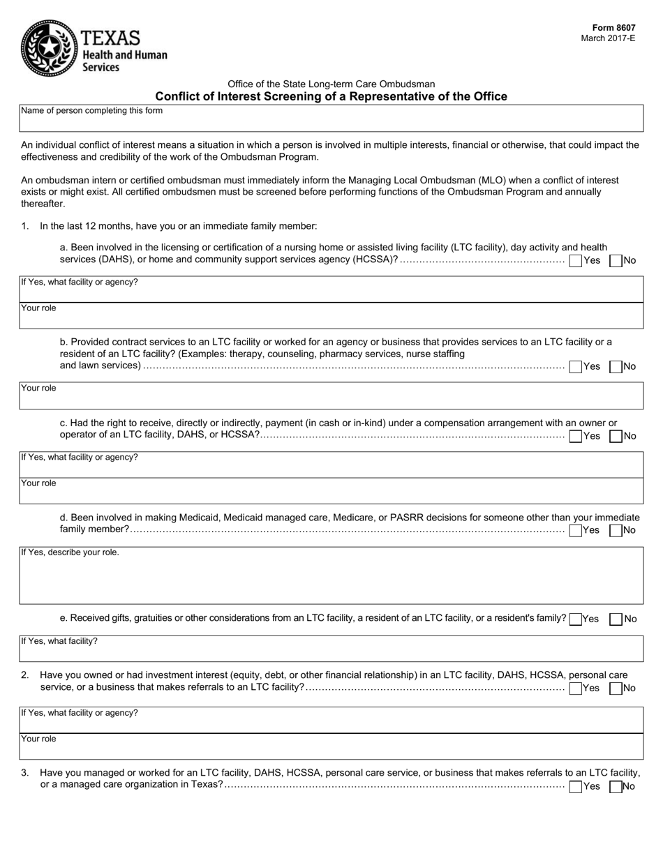 Form 8607 Conflict of Interest Screening of a Representative of the Office - Texas, Page 1