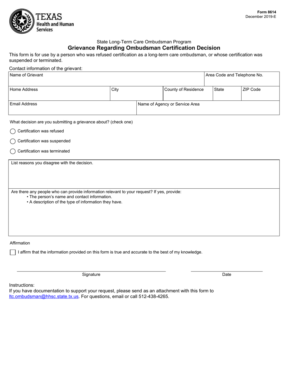 Form 8614 Grievance Regarding Ombudsman Certification Decision - Texas, Page 1