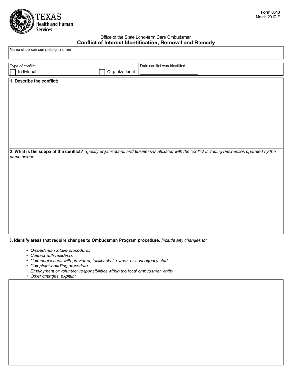 Form 8613 Conflict of Interest Identification, Removal and Remedy - Texas, Page 1