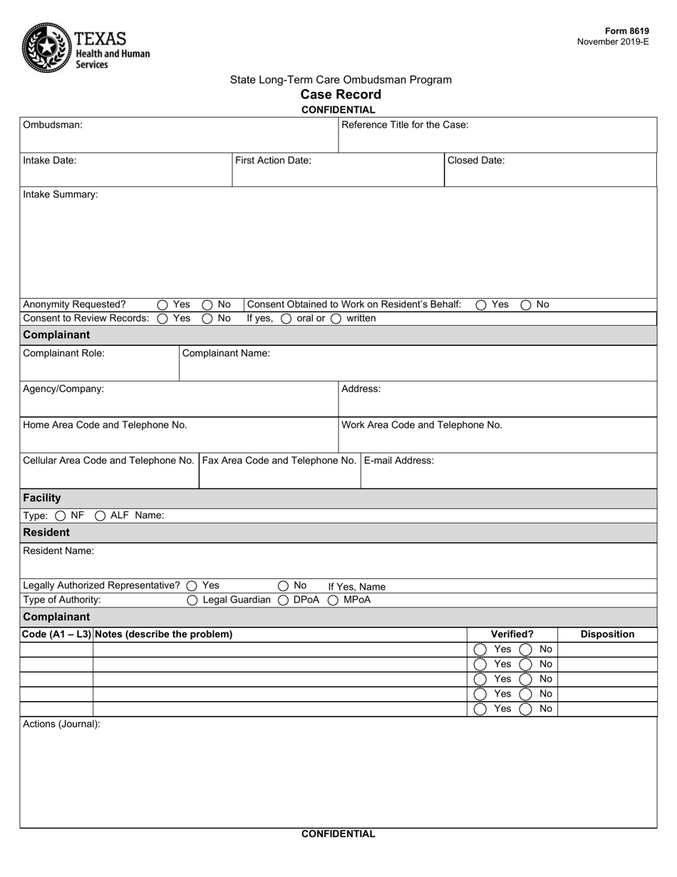 Form 8619 State Long-Term Care Ombudsman Program Case Record - Texas, Page 1