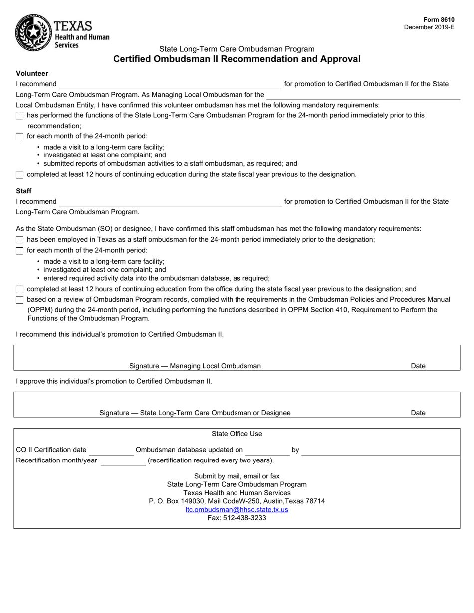 Form 8610 Certified Ombudsman II Recommendation and Approval - Texas, Page 1