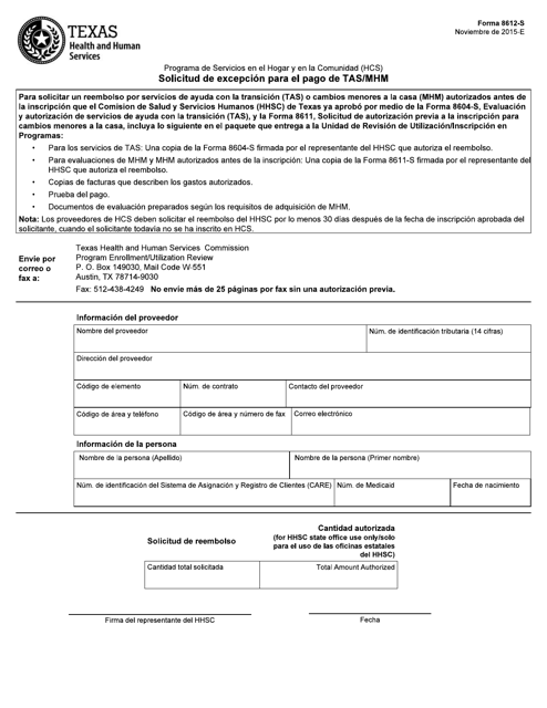 Document preview: Formulario 8612-S Solicitud De Excepcion Para El Pago De Tas/Mhm - Texas (Spanish)