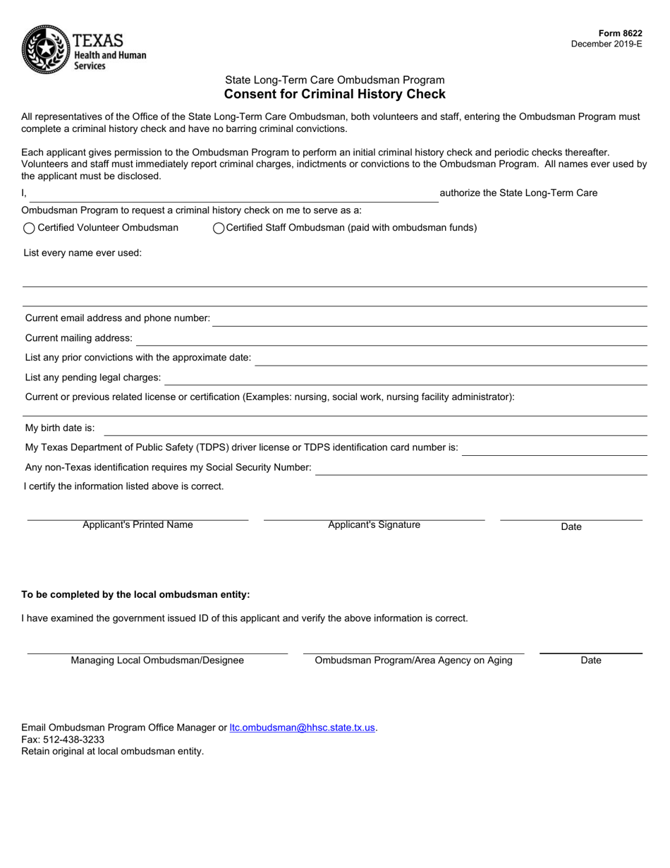 Form 8622 Consent for Criminal History Check - Texas, Page 1