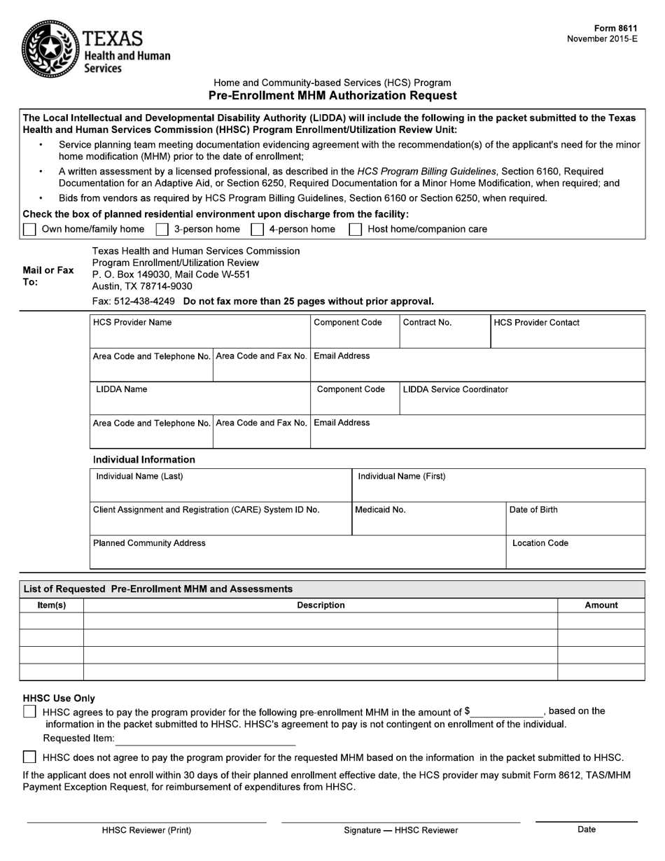 Form 8611 Pre-enrollment Mhm Authorization Request - Texas, Page 1
