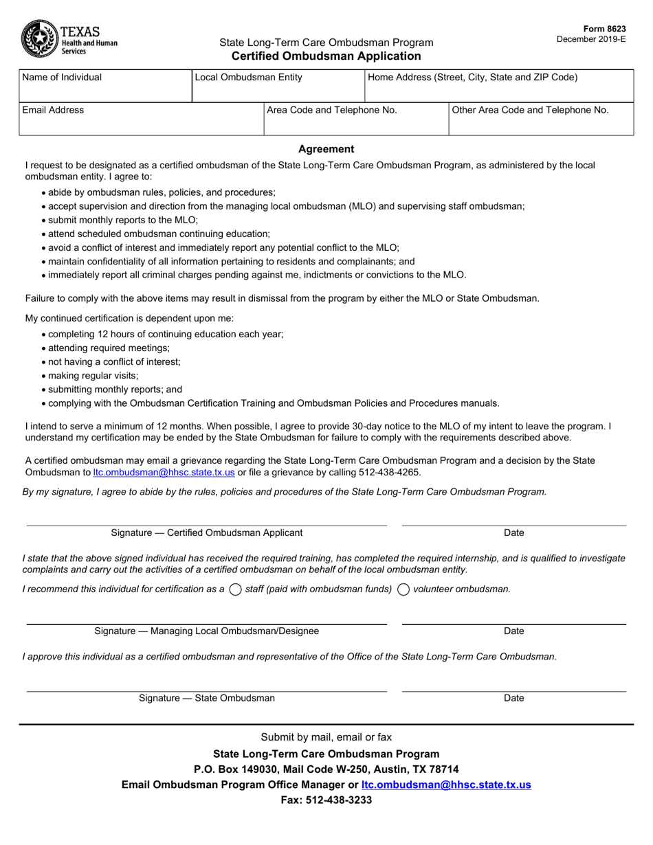 Form 8623 Certified Ombudsman Application - Texas, Page 1