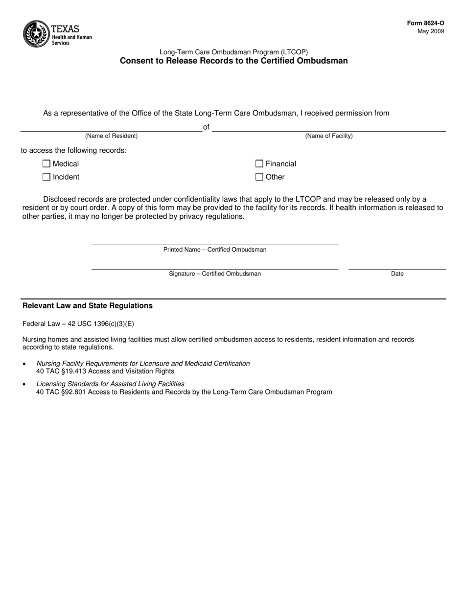 Form 8624-O Consent to Release Records to the Certified Ombudsman - Texas, Page 1